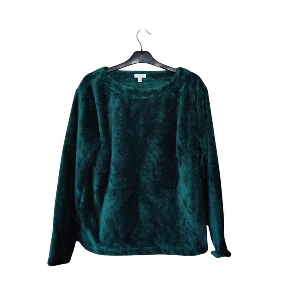 Talbots Emerald Green Faux Fur Fleece Pullover Top Medium Long Sleeve Coziness
